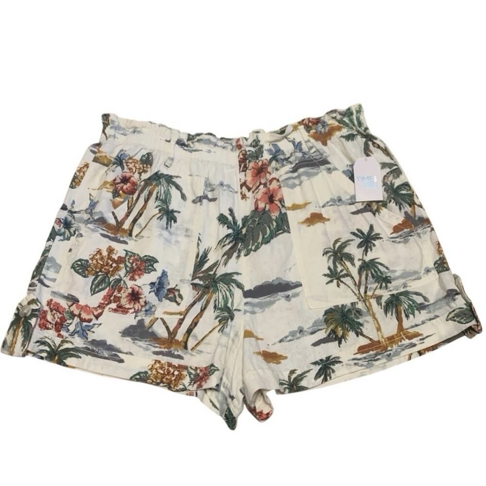Time and Tru Womens Sz XXL Linen Blend Shorts Tropical Hawaiian Print Pull On
